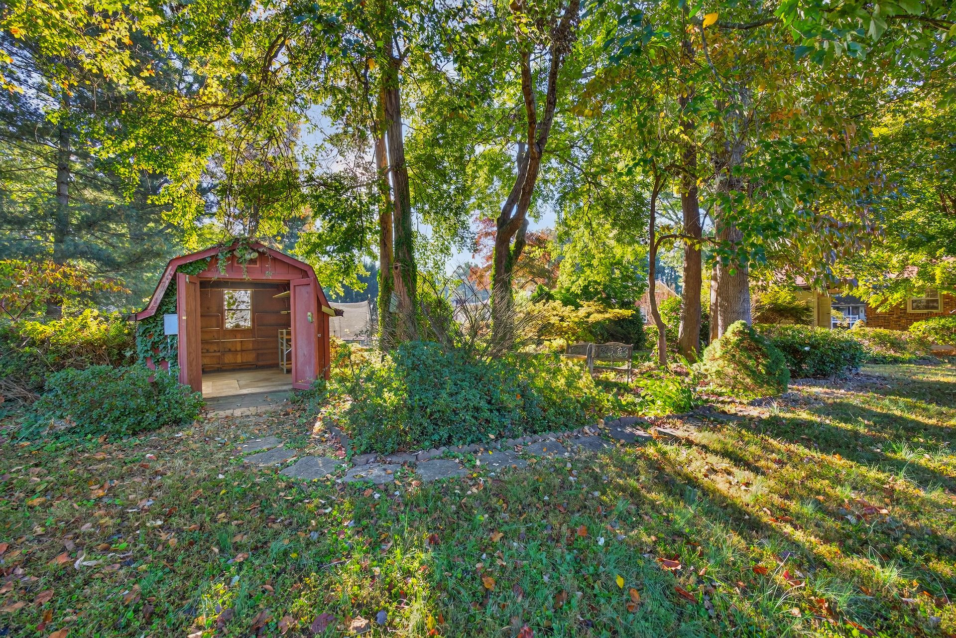Small red garden shed in a sunlit wooded yard with green ground cover and long tree shadows
