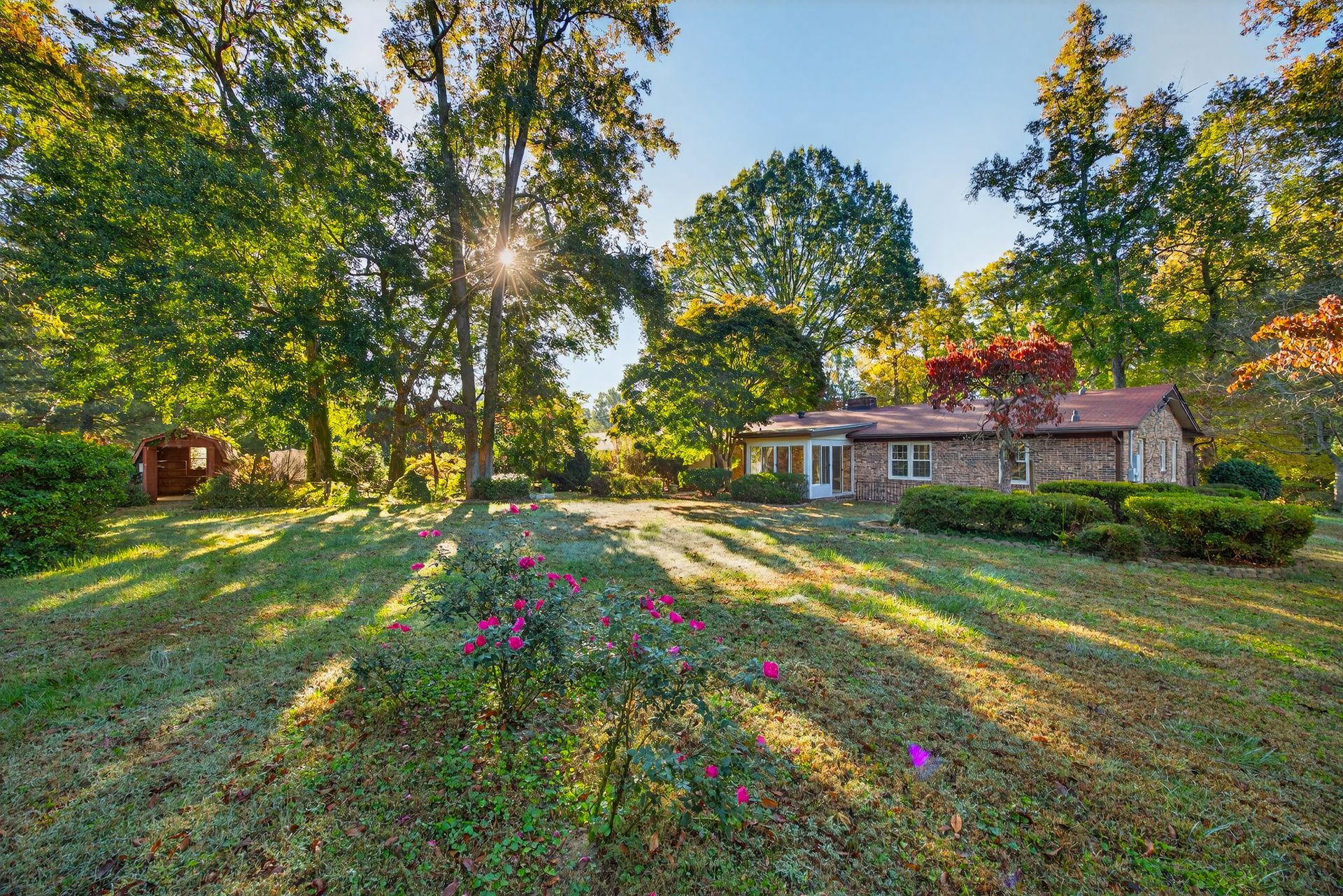 Sunlit house with a large grassy yard, trees, and flowering shrubs in a rural setting