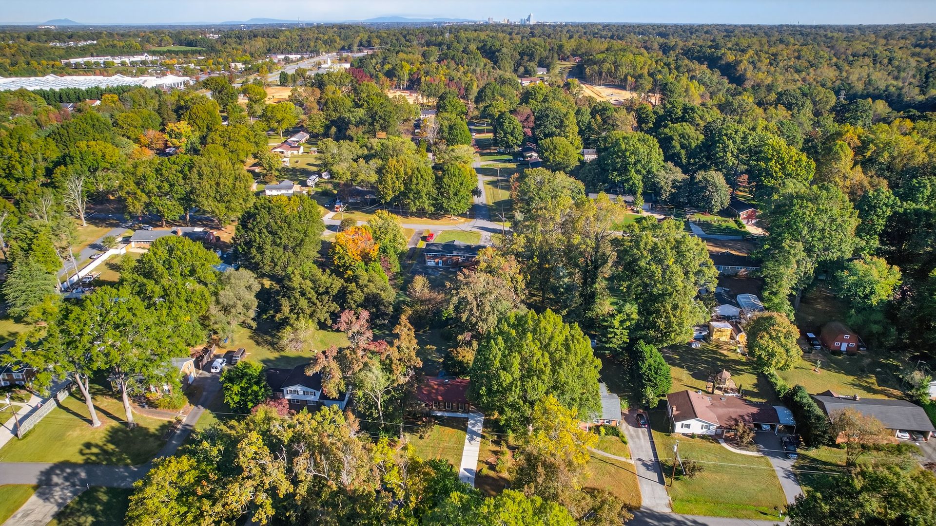 Aerial view of a leafy suburban neighborhood with houses, streets, and dense green trees.