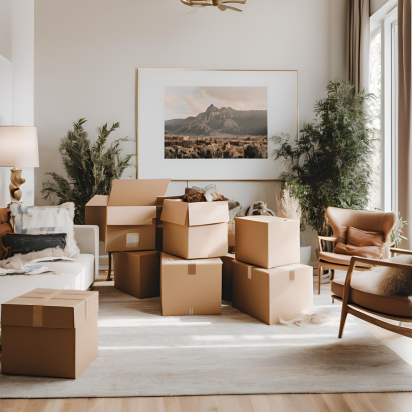 A living room filled with cardboard boxes and a picture on the wall