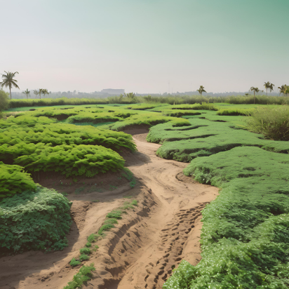 A dirt road winds through a lush green field