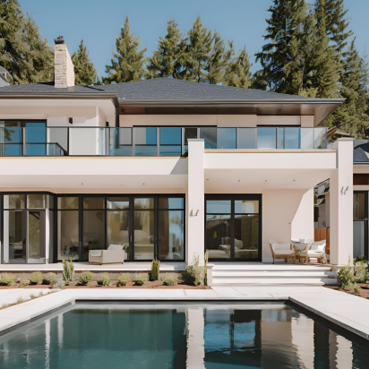 A large house with a swimming pool in front of it