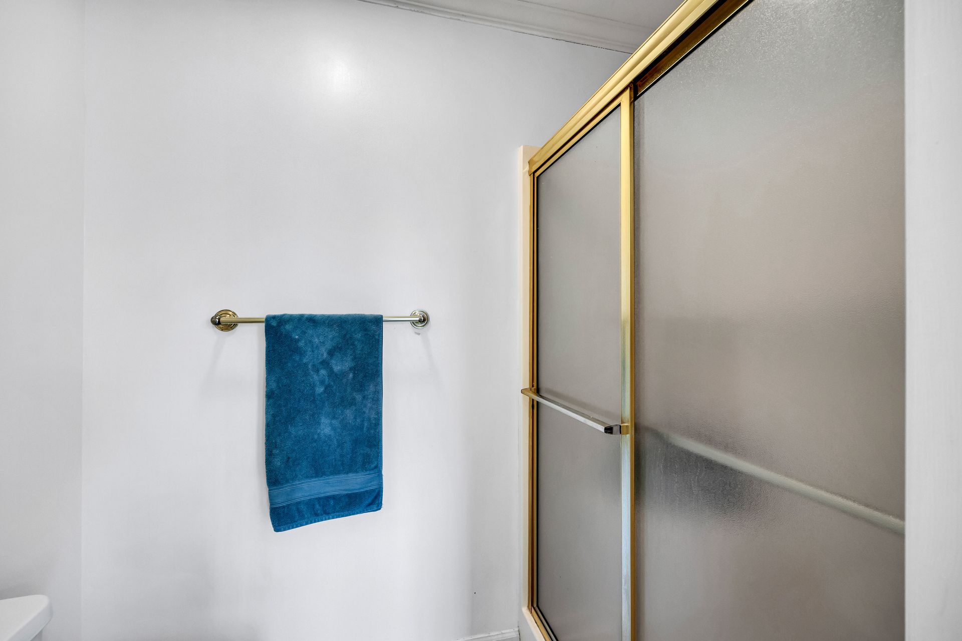 Bathroom shower with frosted glass door and a blue towel on a wall hook.