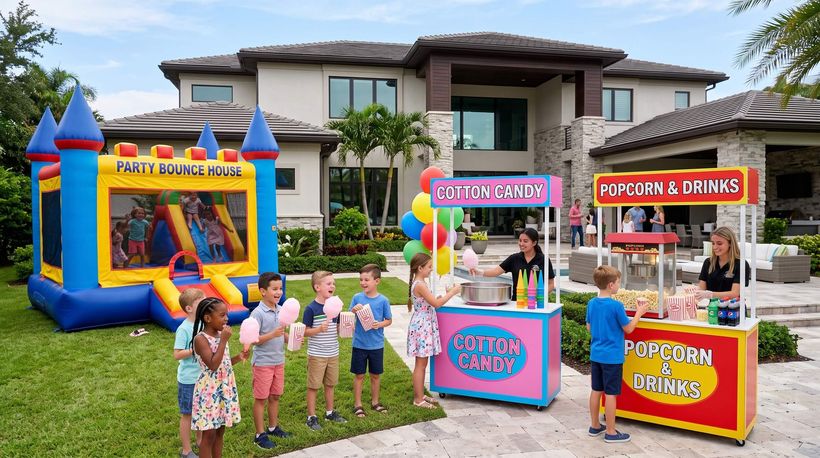 kids having fun beside rented concessions for a party