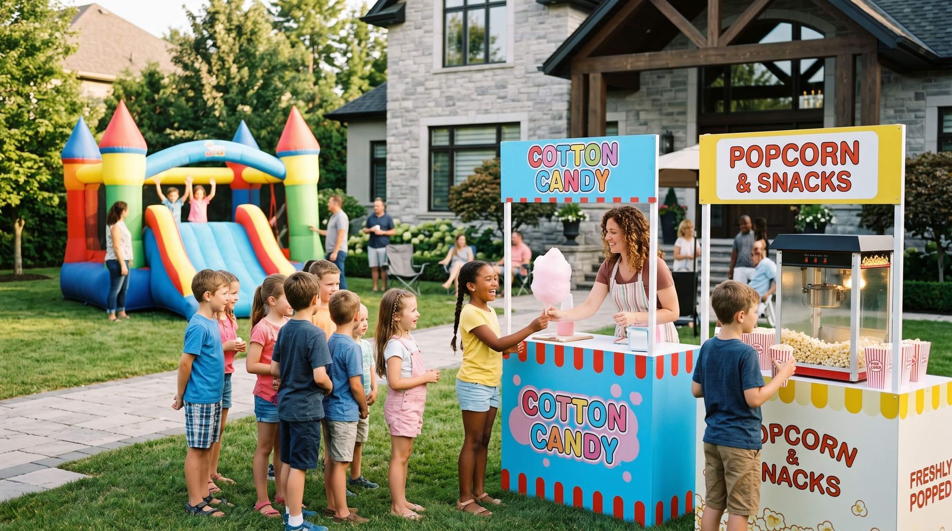kids lined up for cotton candy at the rented concessions in the front yard