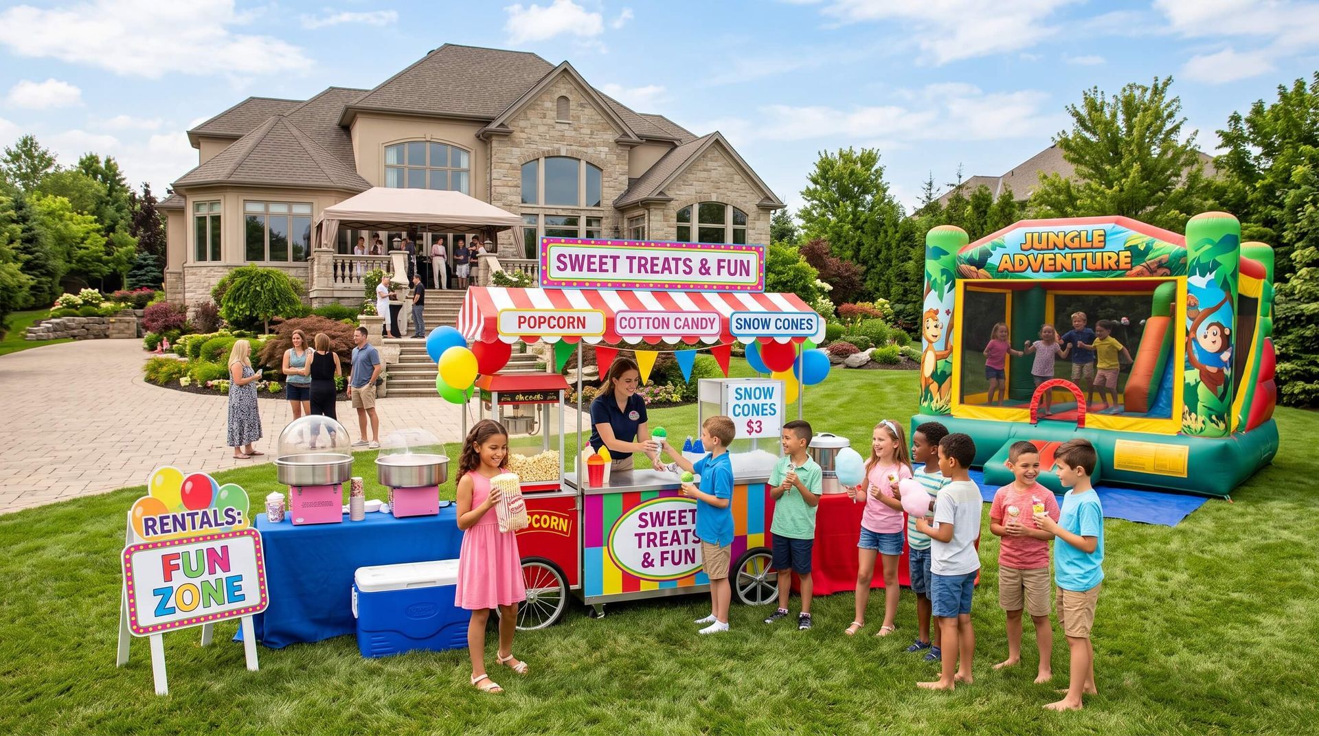 kids lined up to enjoy sweet treats at rented concession stands in the front yard