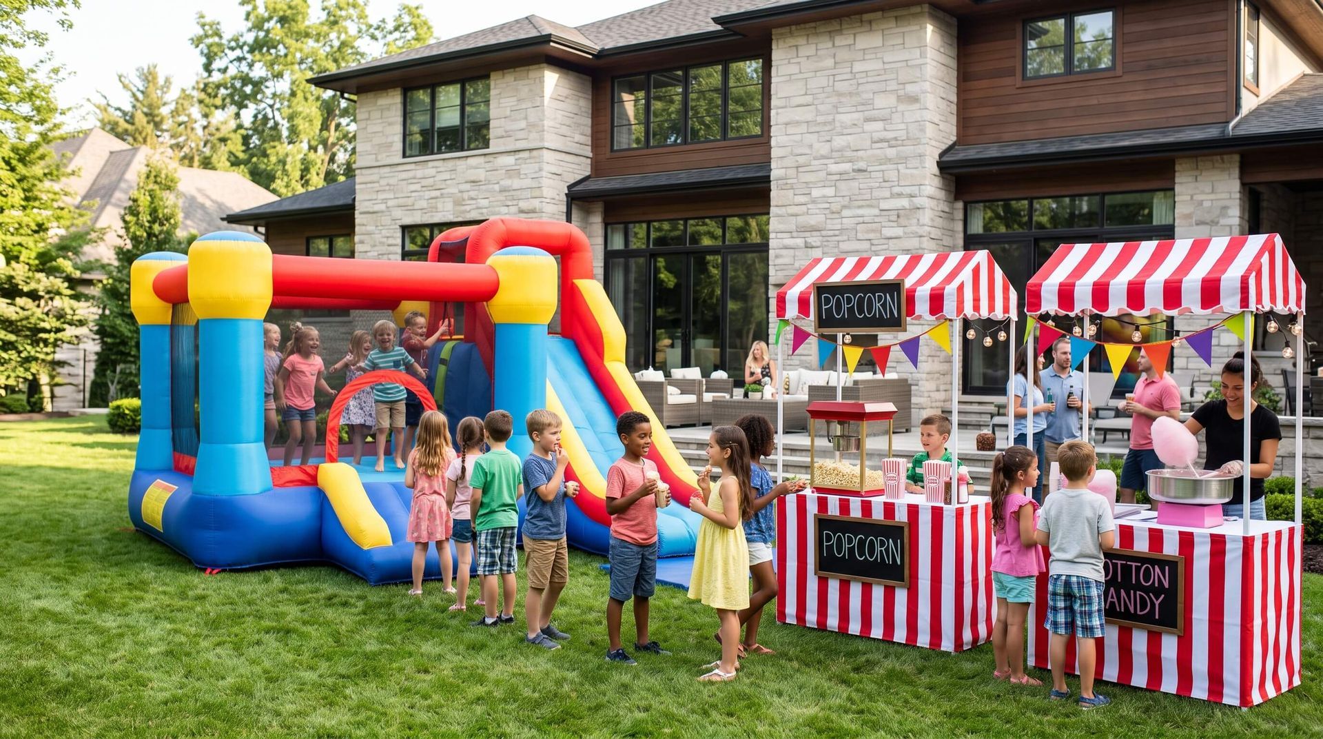 kids lined up to get popcorn at rented concession stands next to a bounce house