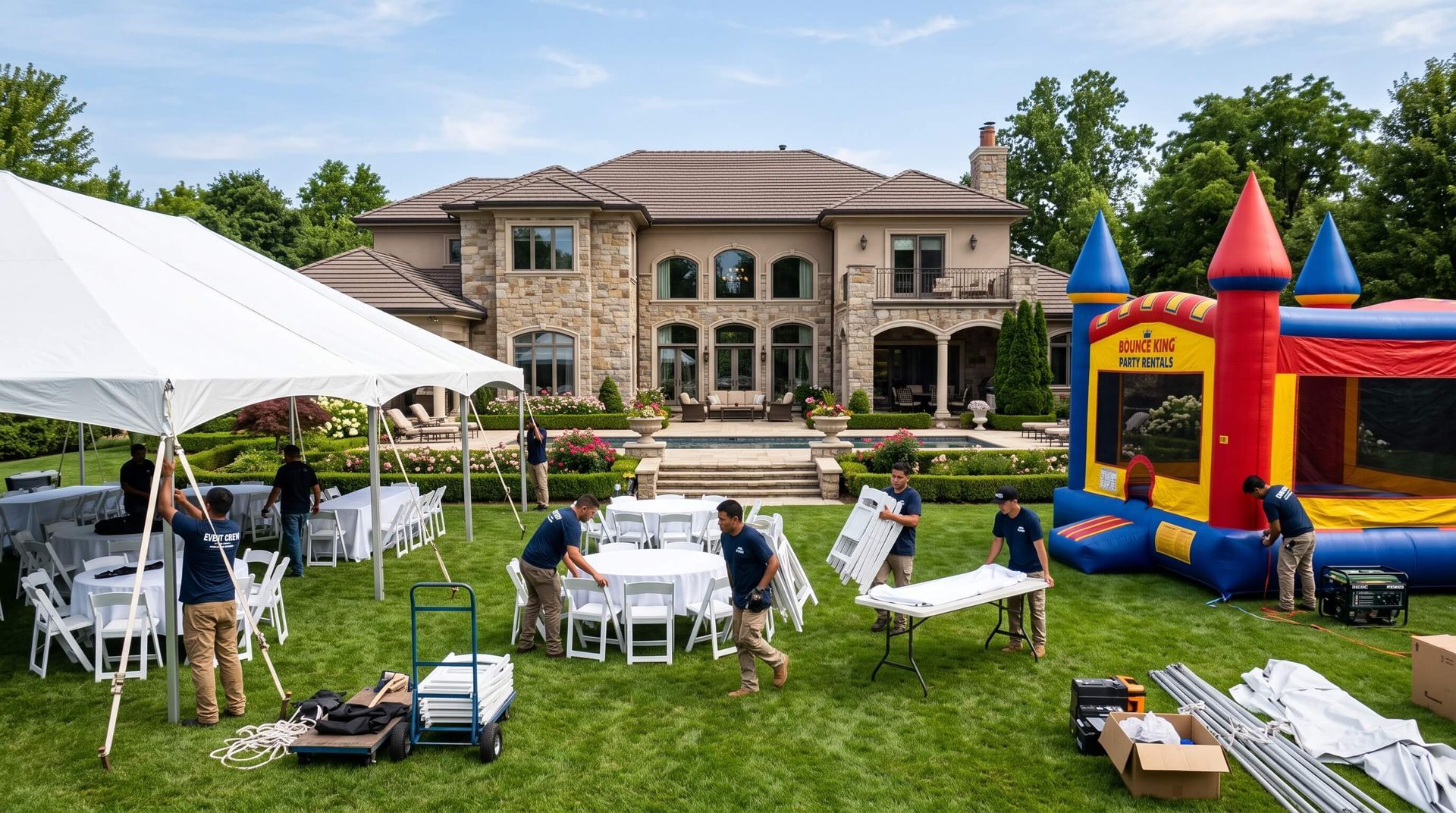 workers setting up rented tables and chairs for a bounce house party