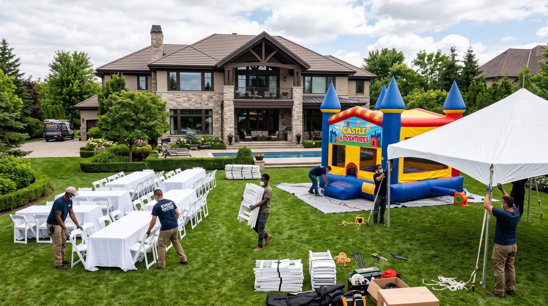 workers setting up rented tents and tables for a bounce house party