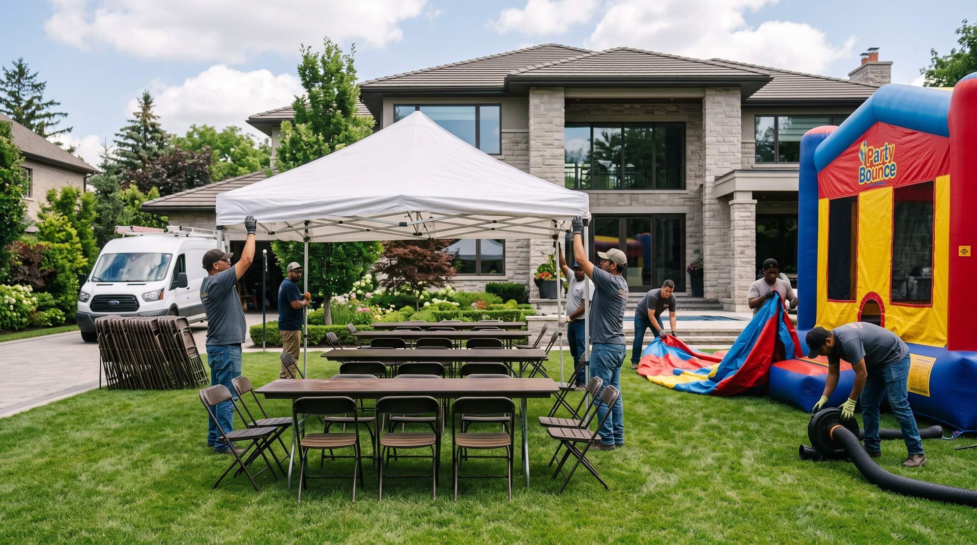 workers assembling rented tent and bounce house for a party in the front yard