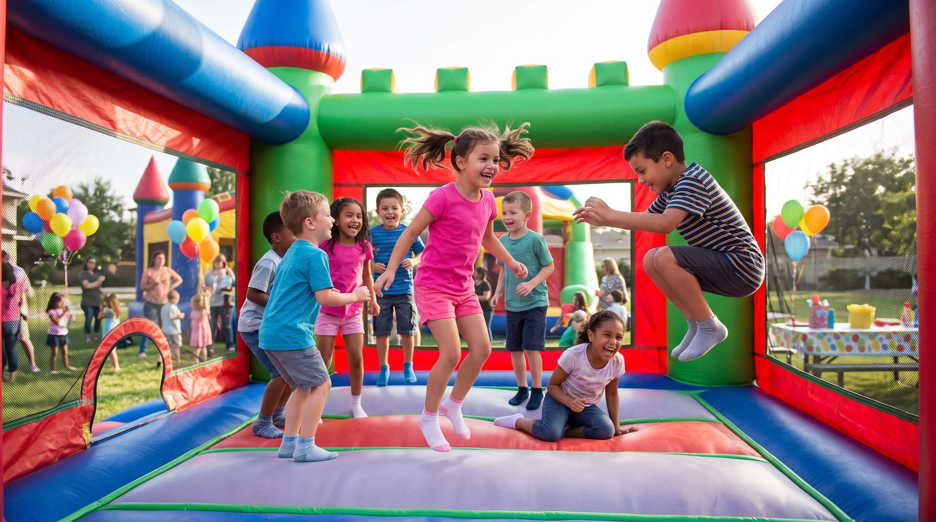 kids jumping up and down in a rented bounce for a birthday party