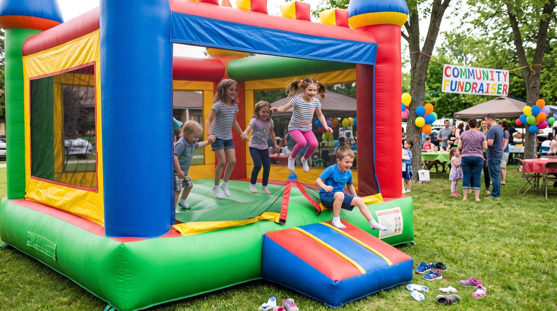 kids having fun in a rented bounce house for a church event