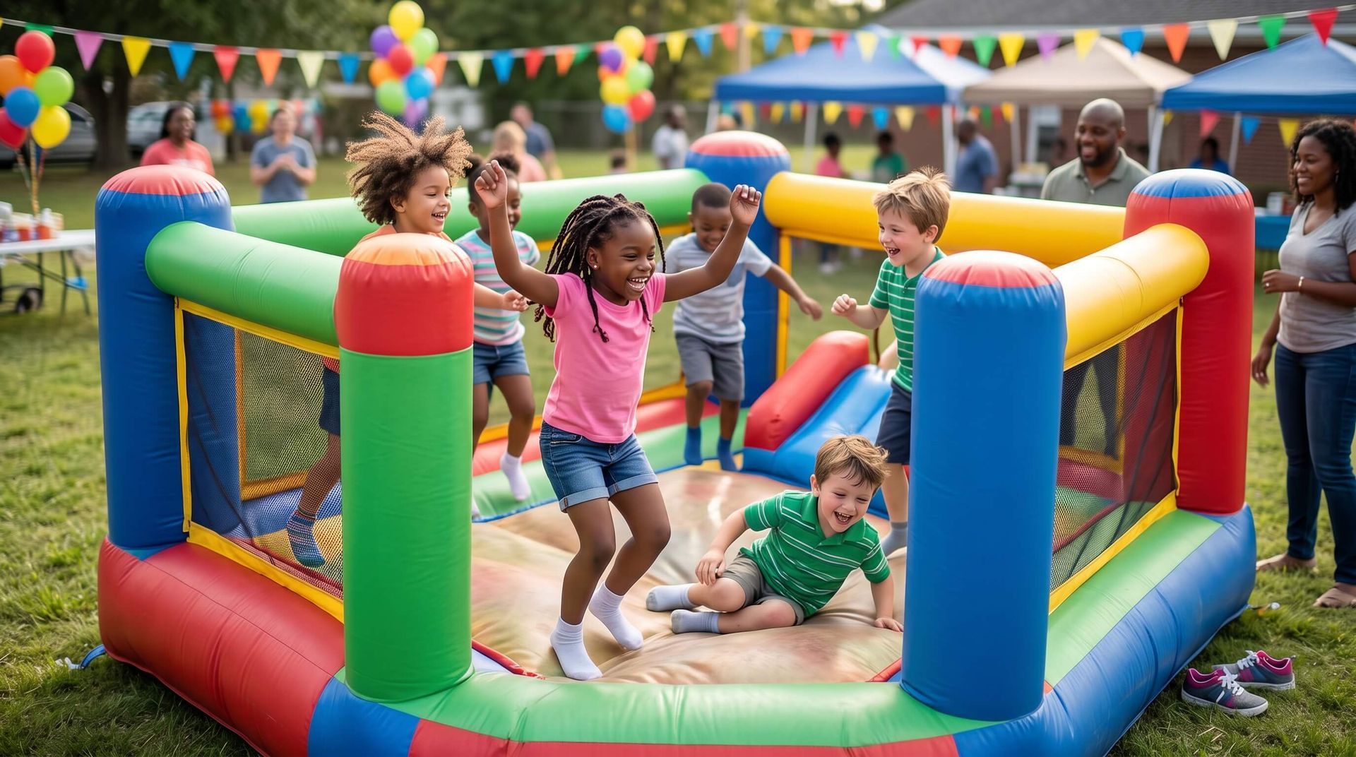 kids bouncing around in a rented bounce house at a school event