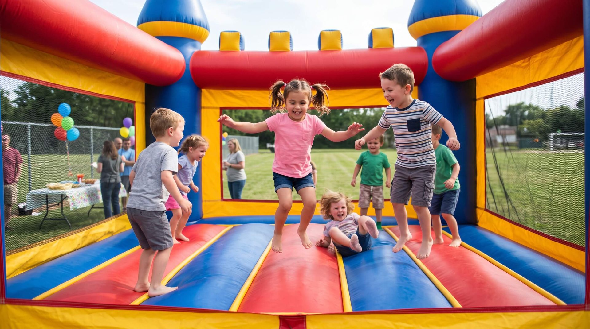 kids playfully jumping up and down in a rented bounce house for a birthday party