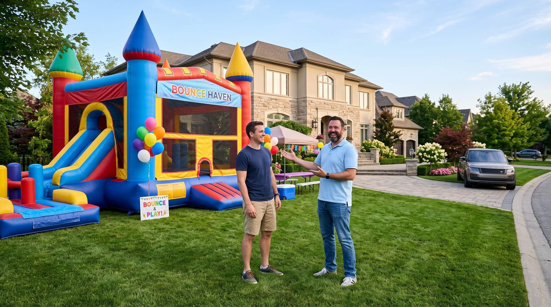 2 workers proud of the rented water slide bounce house they assembled