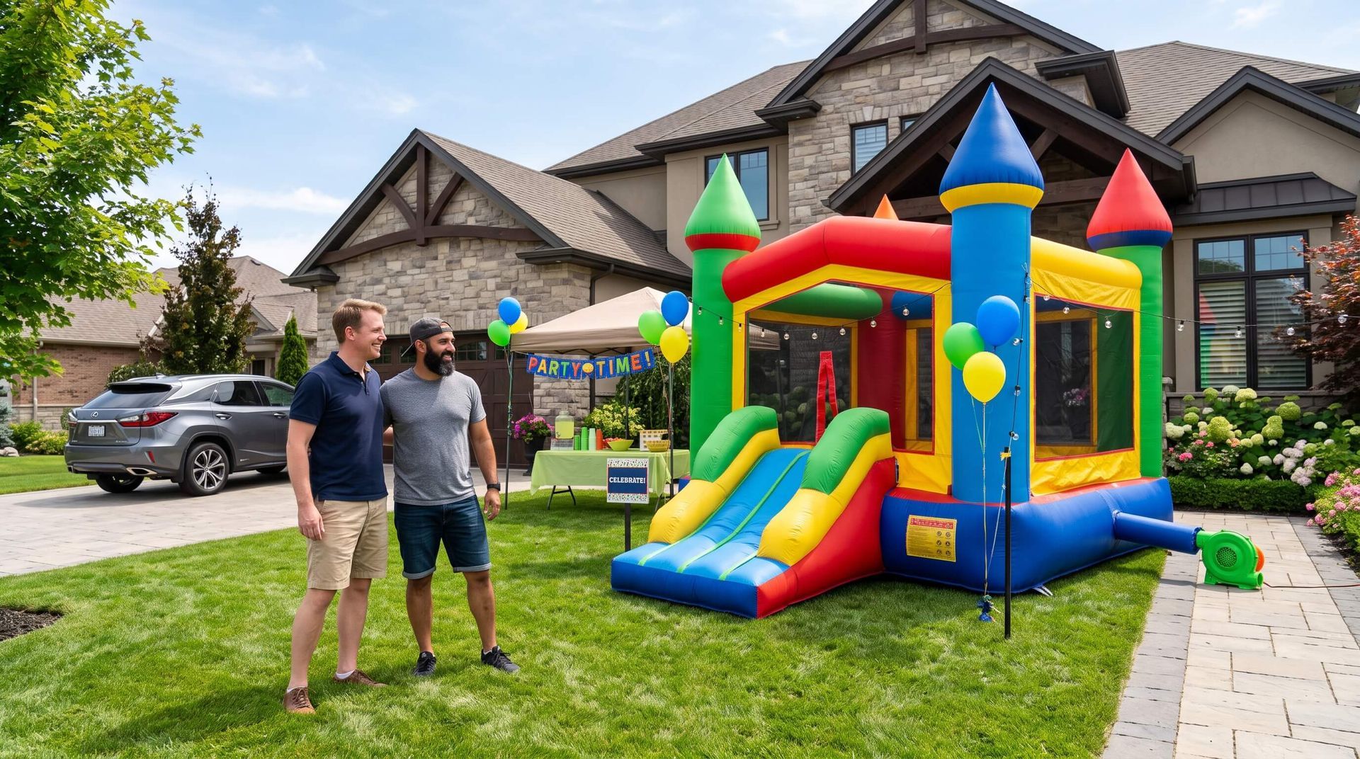 2 workers admiring the rented bounce house they assembled