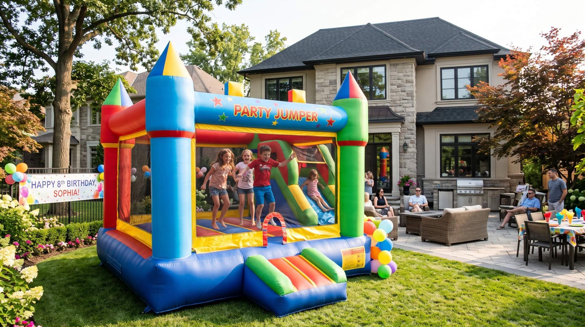 kids having fun in rented bounce house in front yard