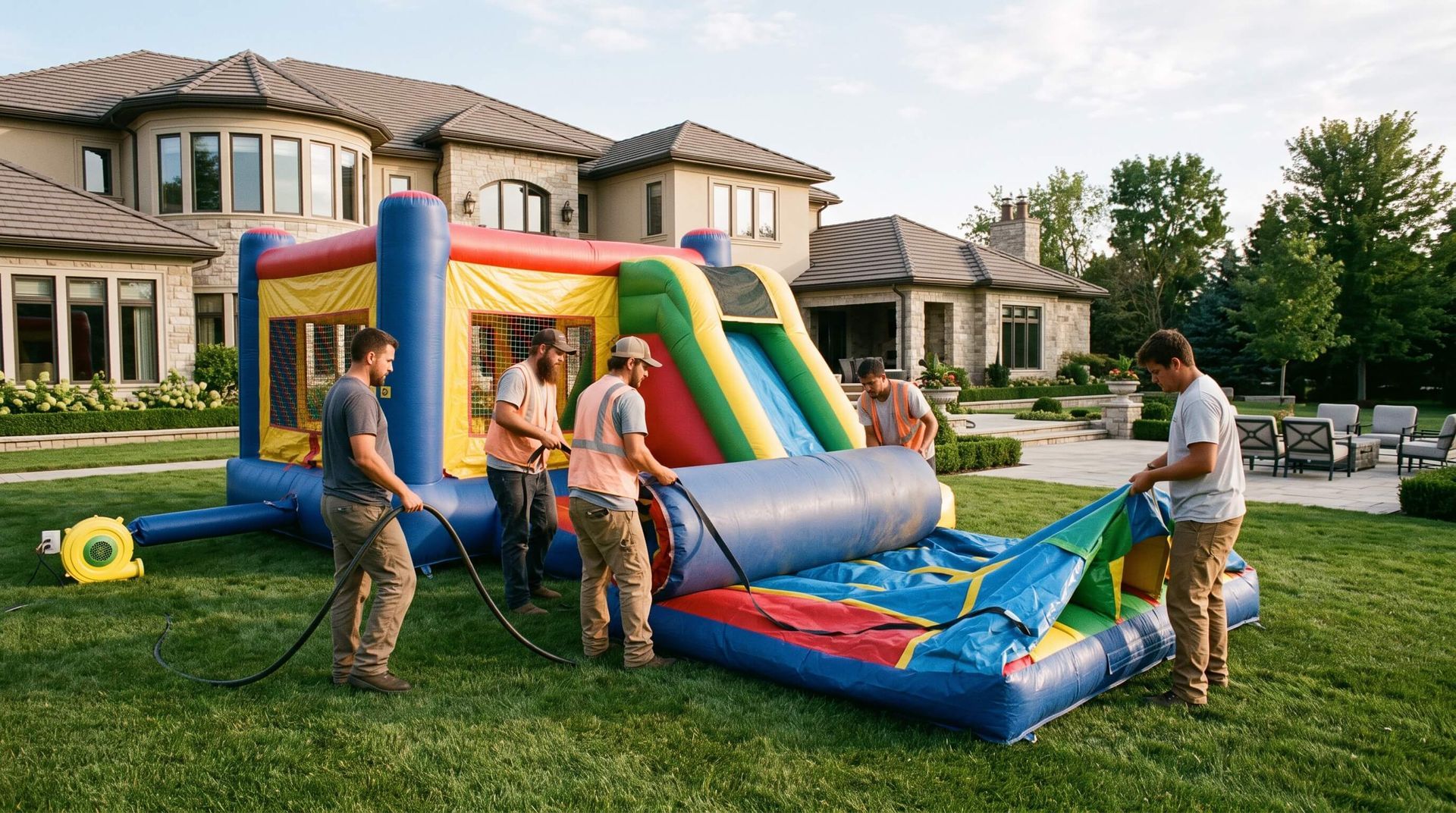event workers assembling rented bounce house