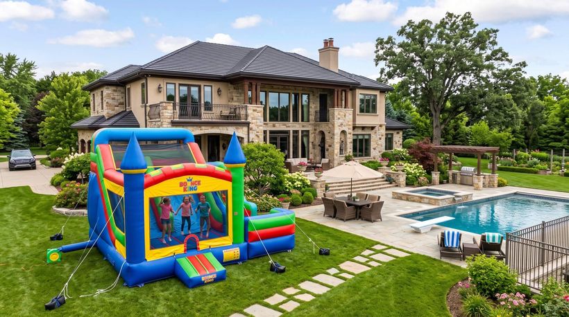 fully assembled rented bounce with kids playing in it