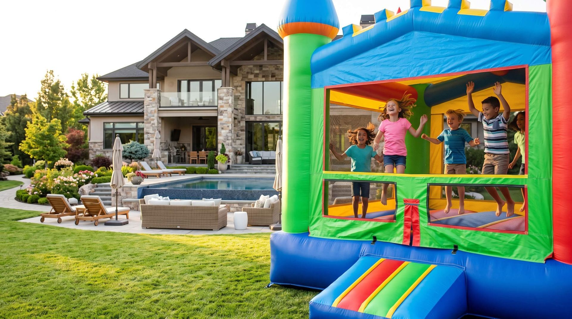kids bouncing in rented bounce house by the pool