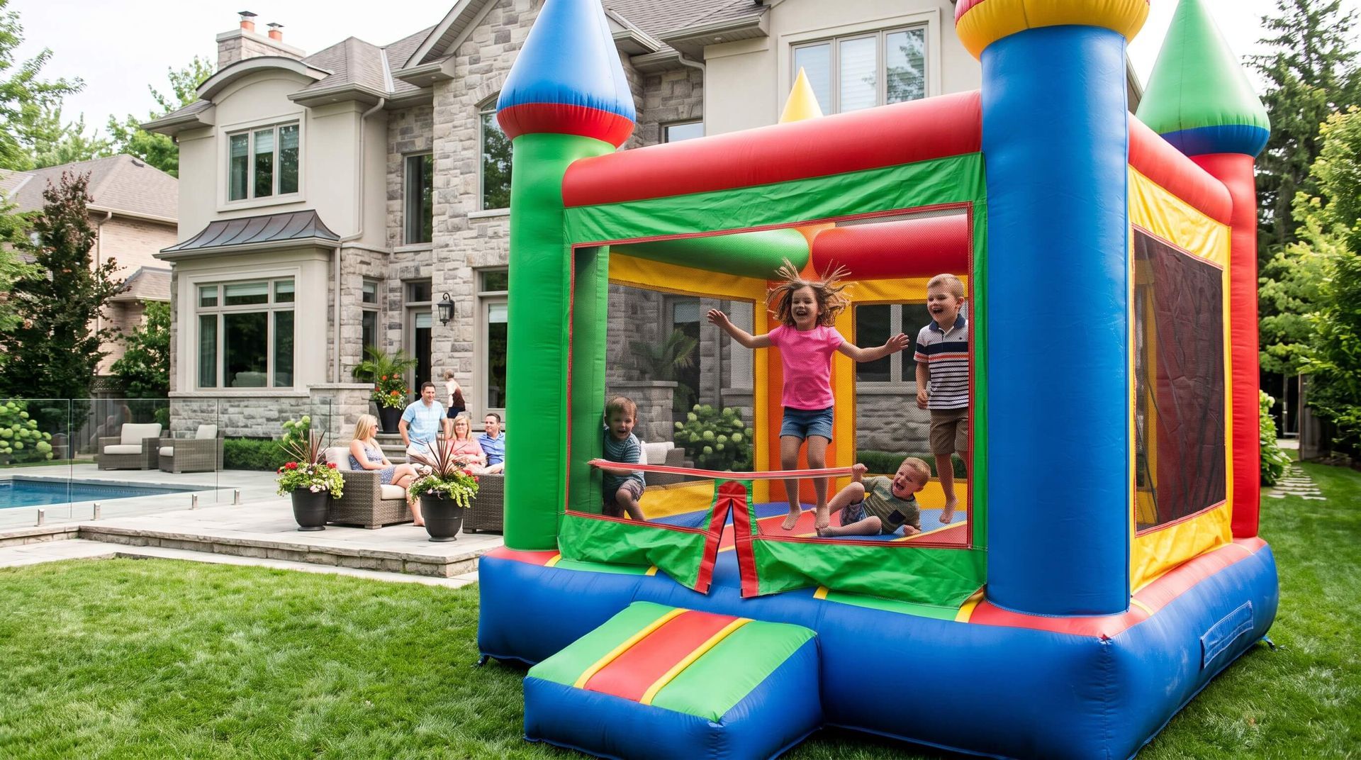 kids bouncing in rented bounce house poolside