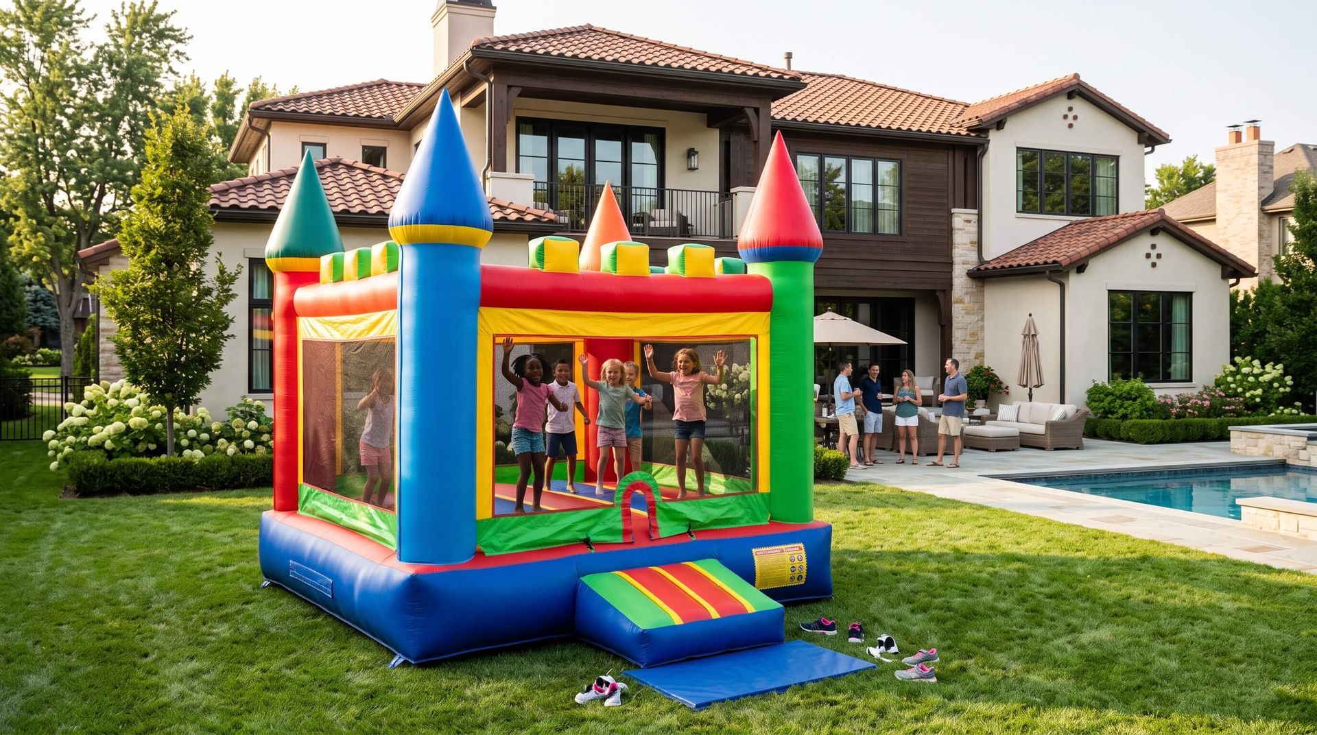 kids bouncing in rented, inflatable bounce house