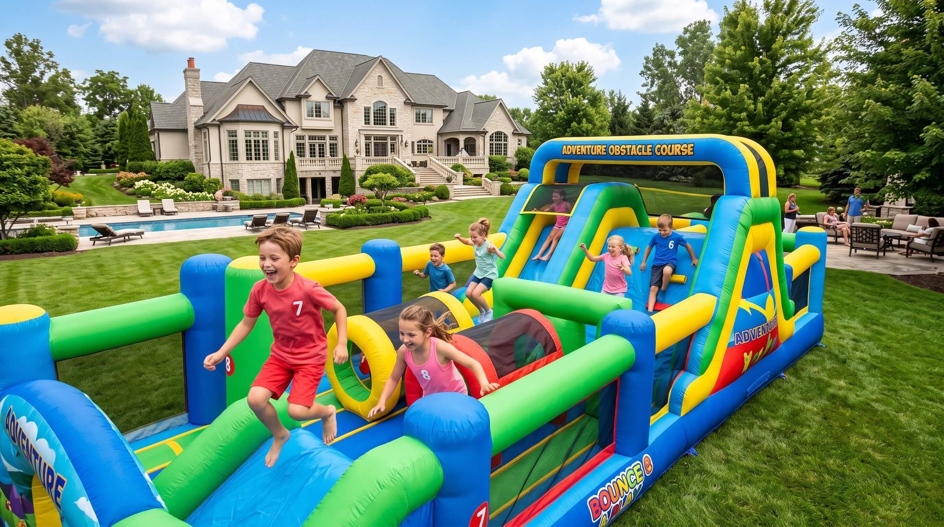 kids playing in rented obstacle course bounce house