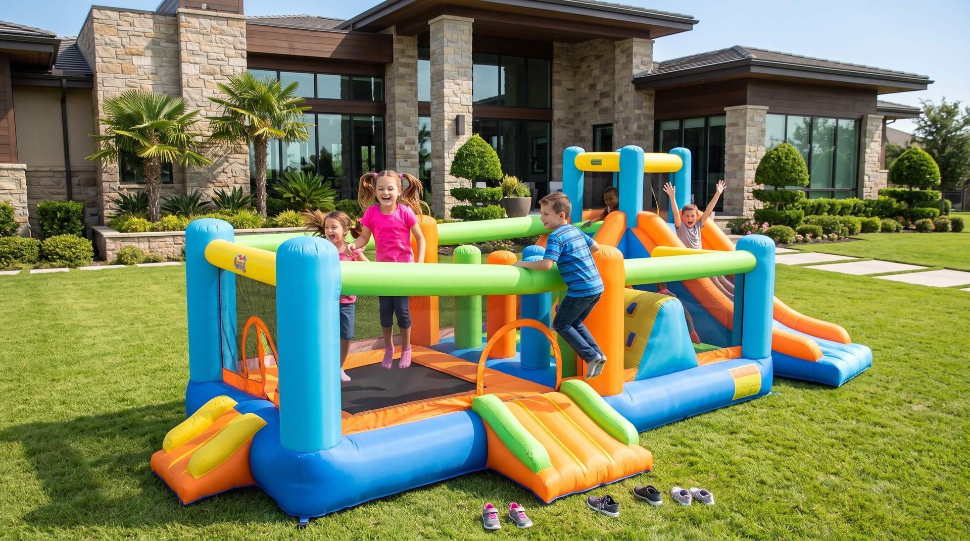 kids playing in rented obstacle course bounce house in front yard