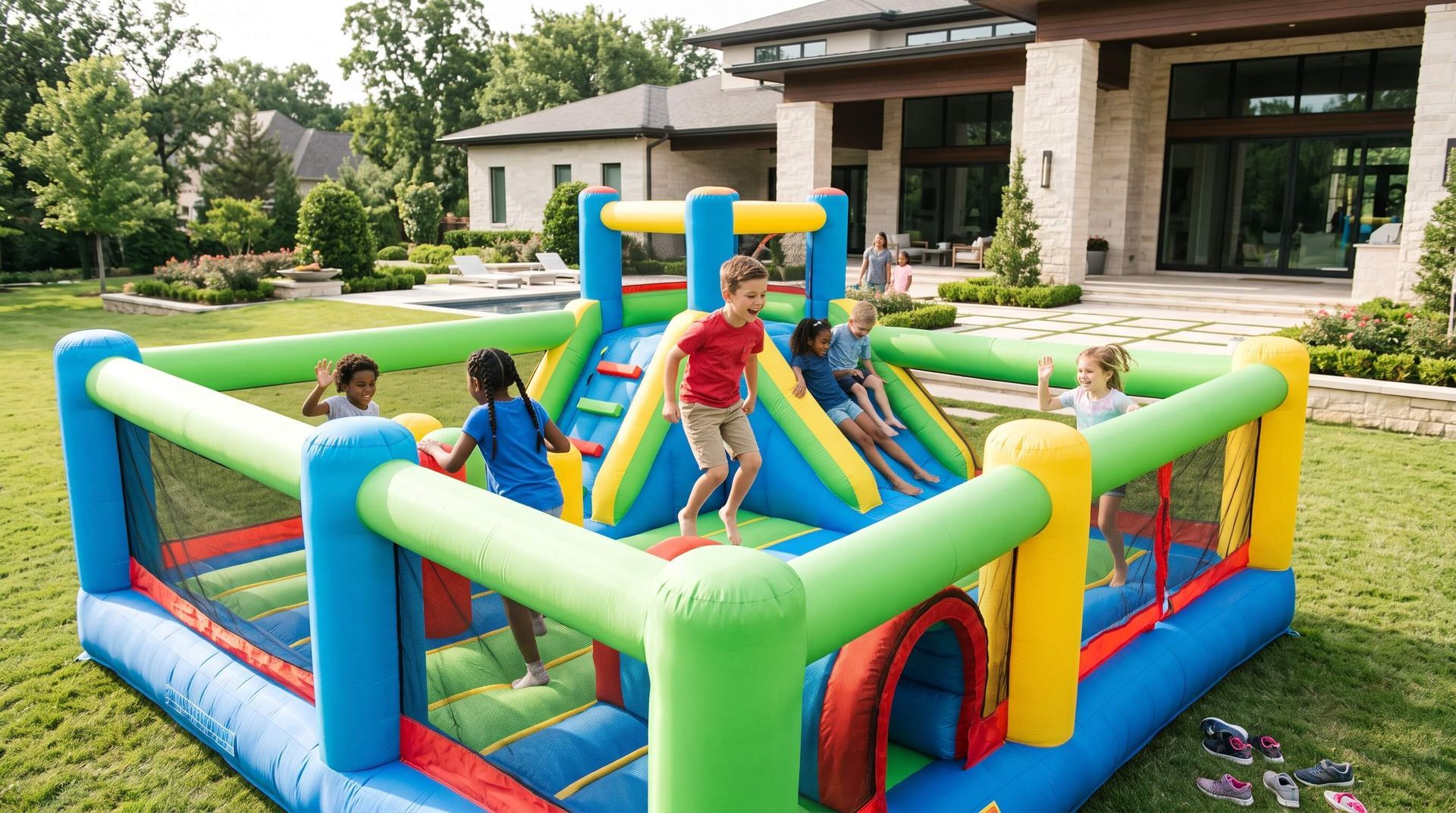 kids challenged by rented bounce house obstacle course