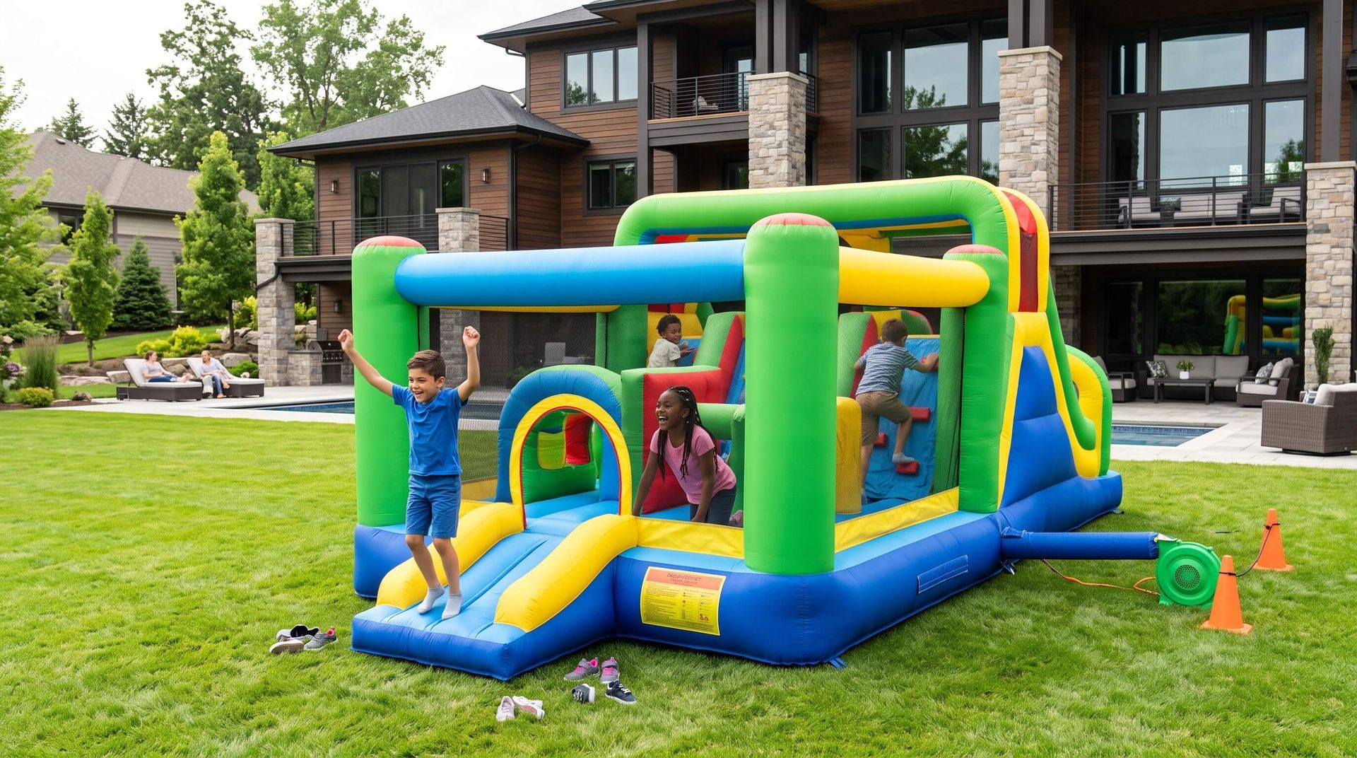 kids rejoicing in rented obstacle course bounce house