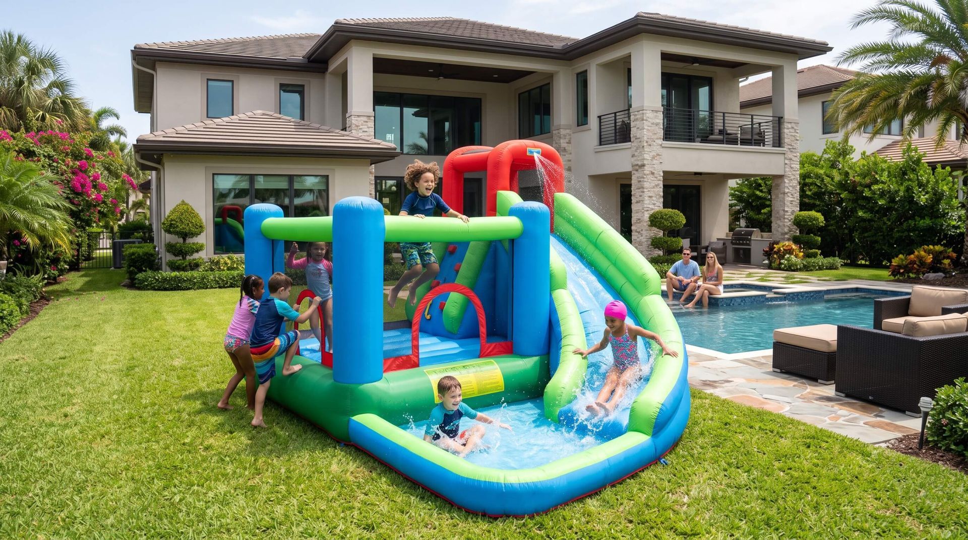 kids sliding into rented bounce house water slide