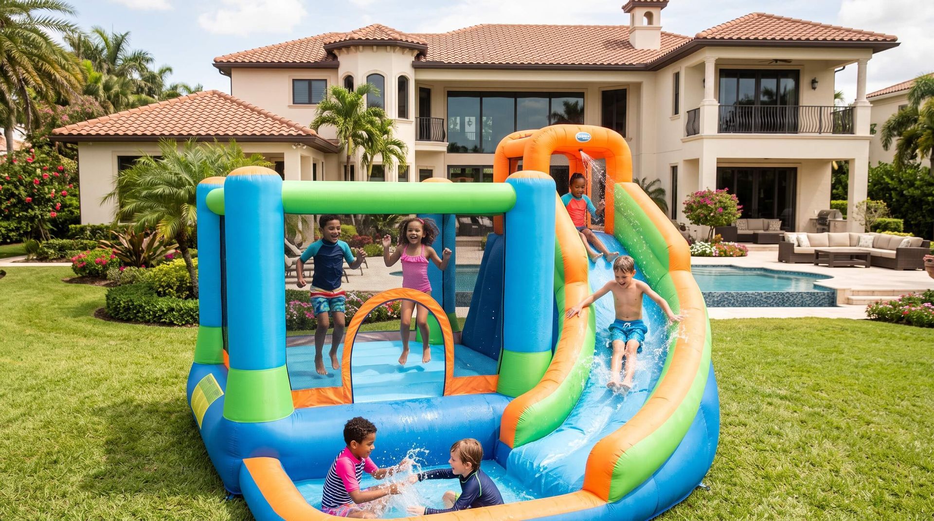 kids playing in rented water slide bounce house