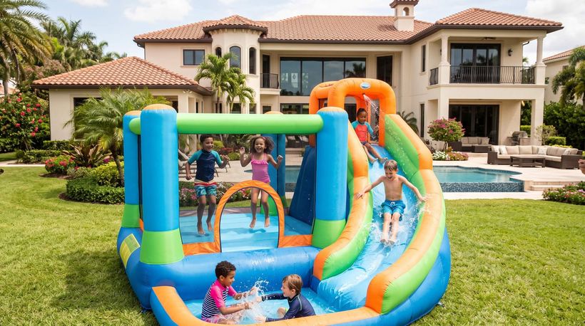 kids playing in rented water slide bounce house