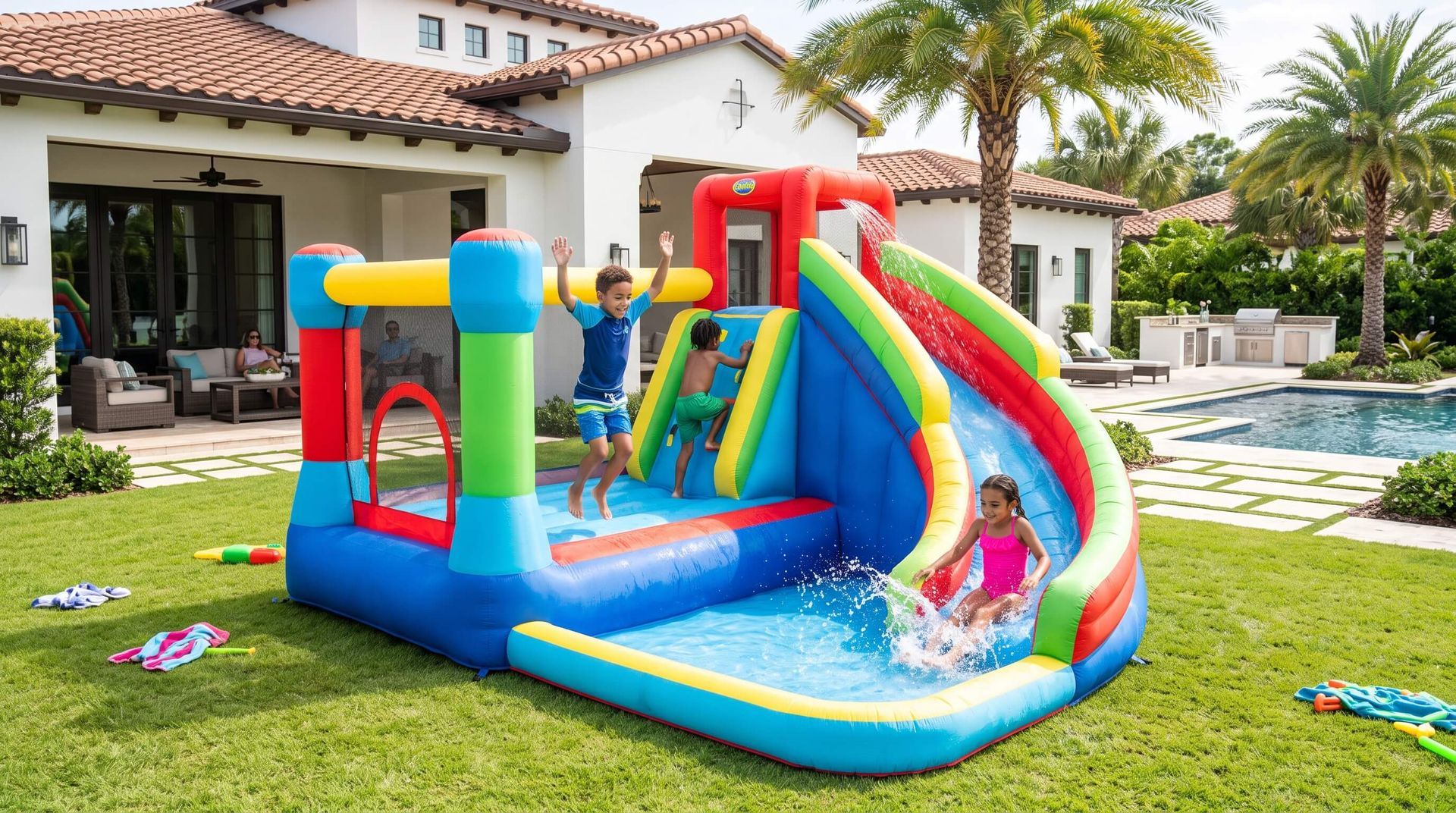 kids enjoying rented water slide bounce house by the pool