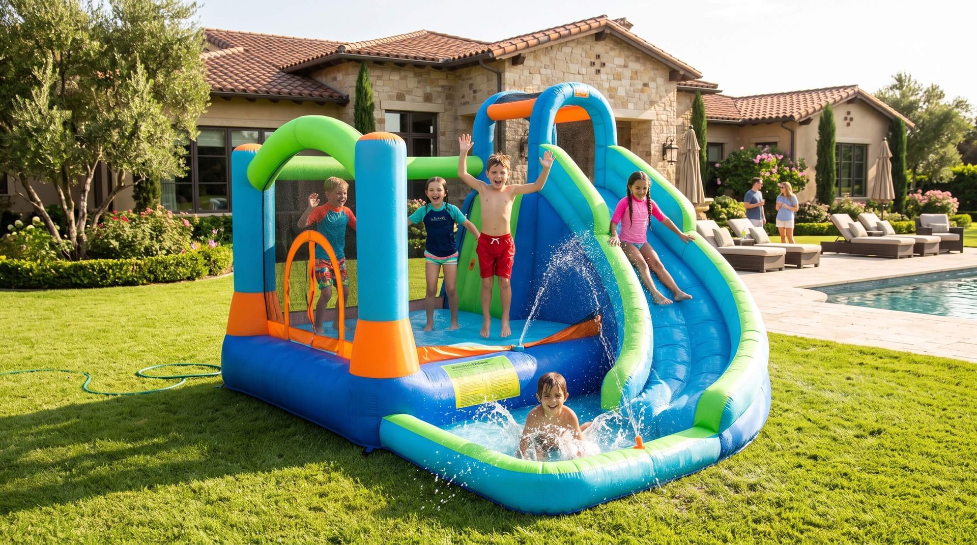 kids having fun in rented water slide bounce house poolside
