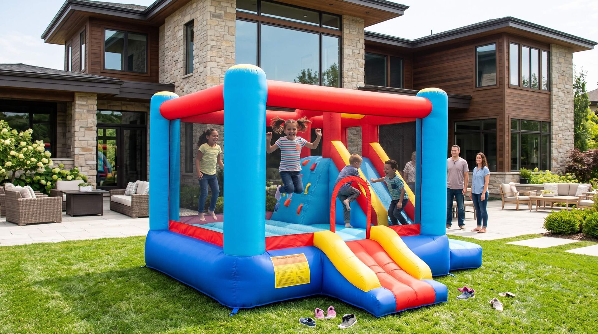 kids playing in rented combo bounce house