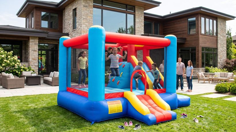 kids playing in rented combo bounce house