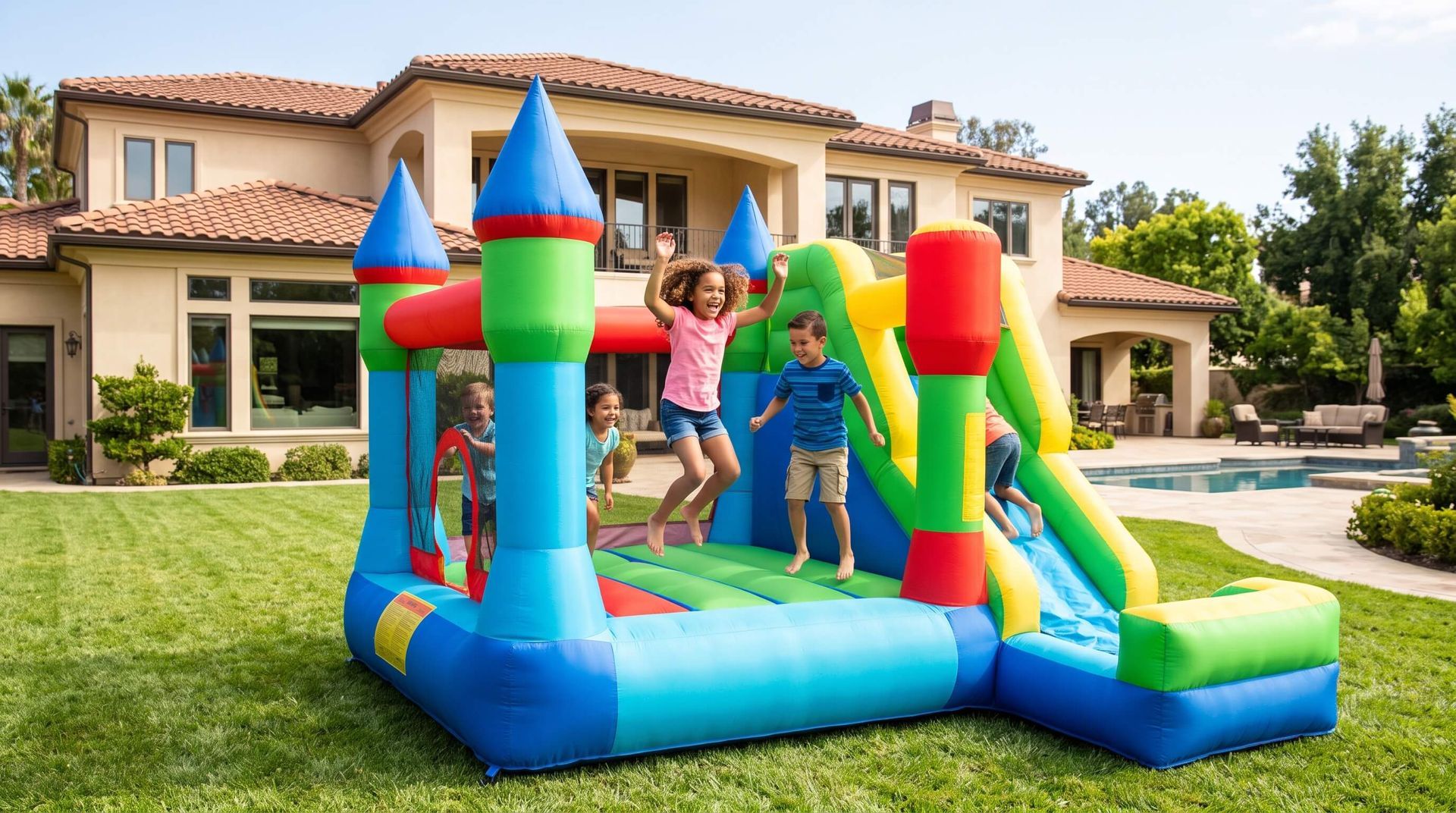 kids jumping around in rented combo bounce and slide house