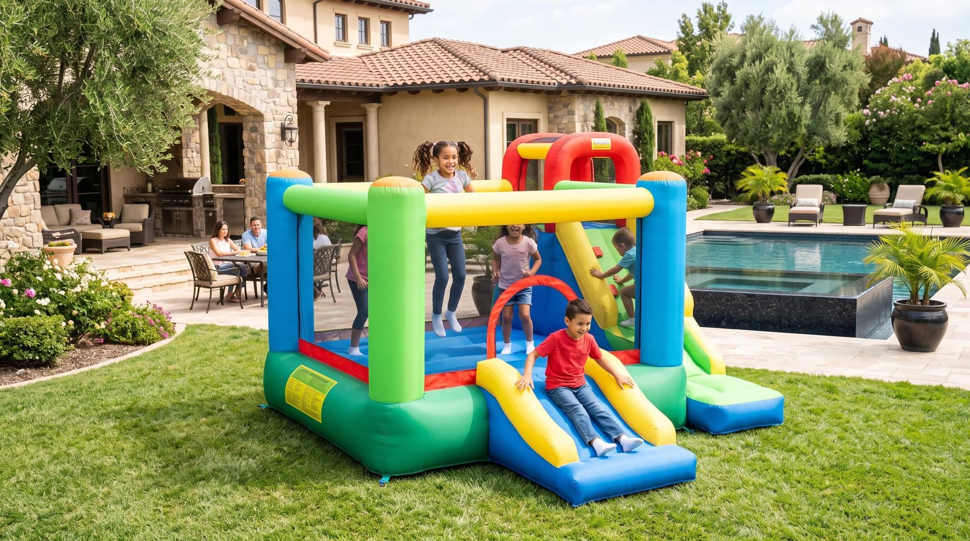kids enjoying rented combo bounce and slide house by the pool