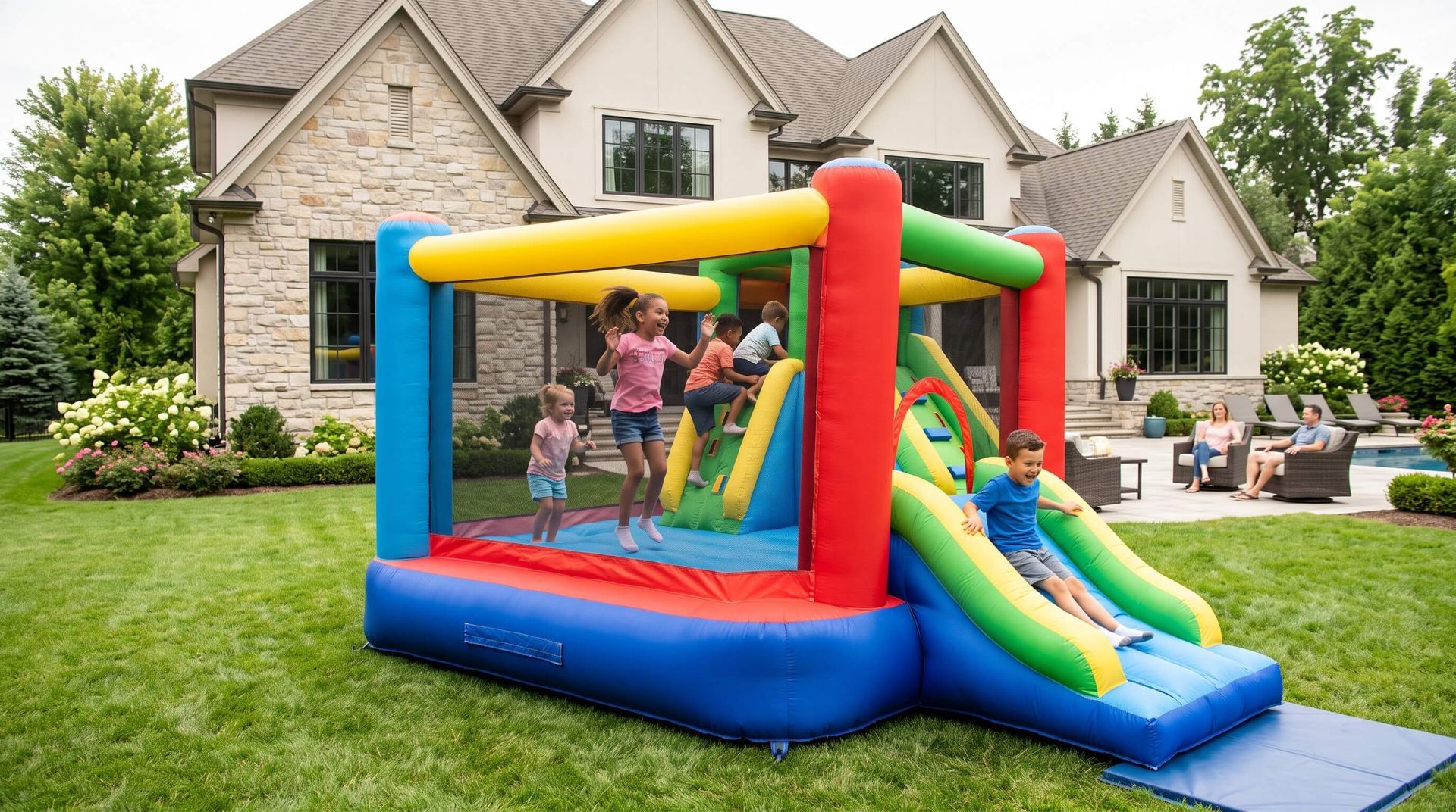 kids having fun in combo bounce and slide house in back yard