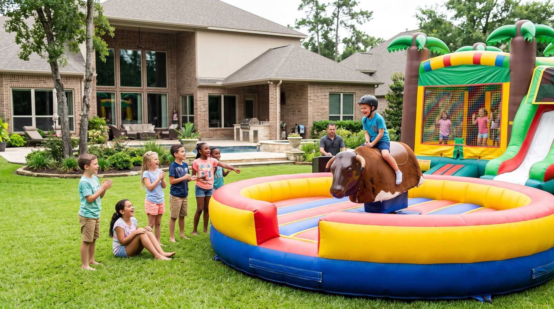 kids playing in rented mechanical bull ride