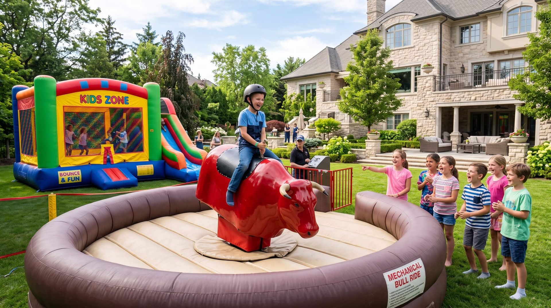 kids watching a kid having fun riding a mechanical bull