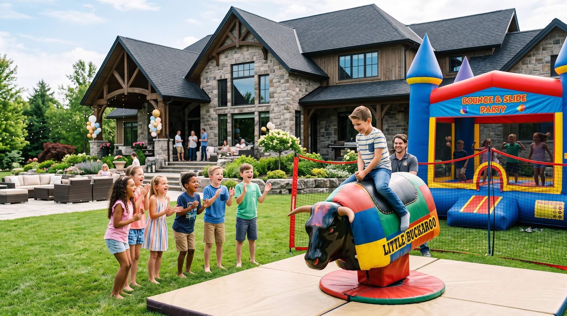 kids cheering on a kid as he rides a mechanical bull