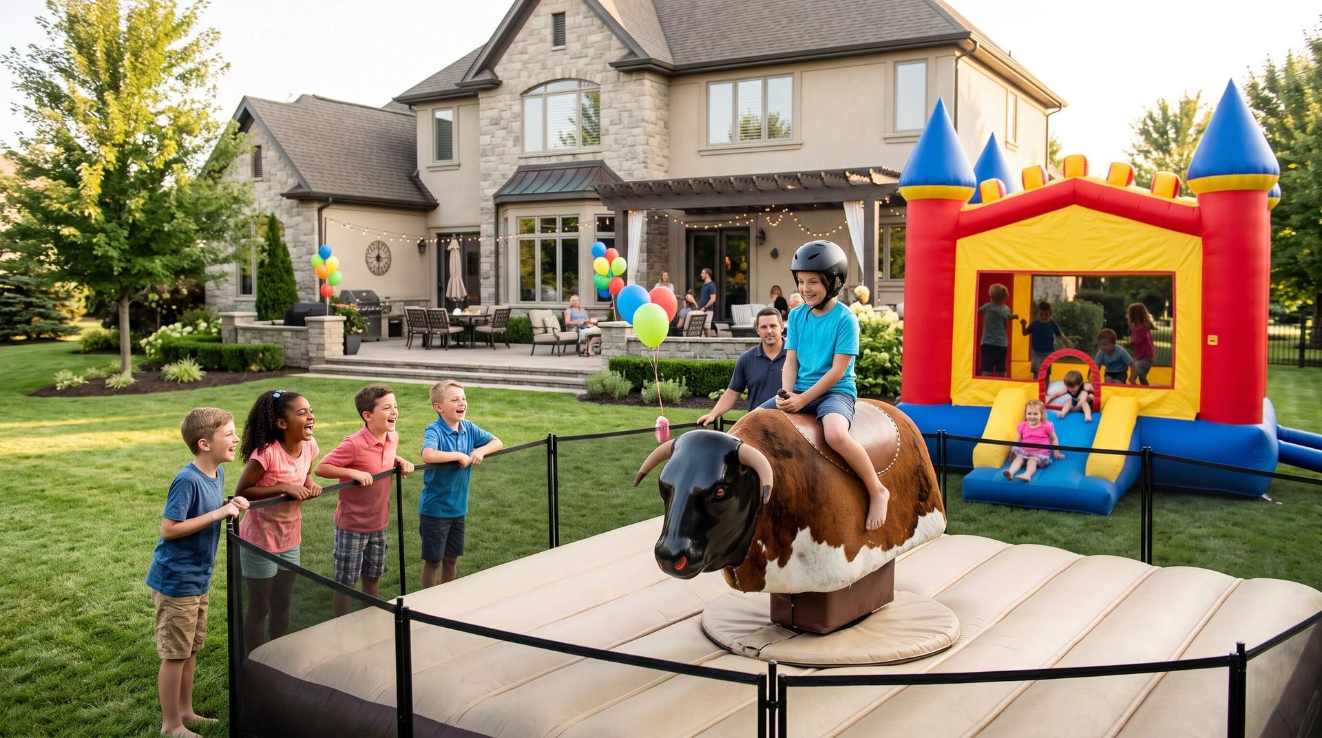 kids anticipating another kid about to start riding a mechanical bull