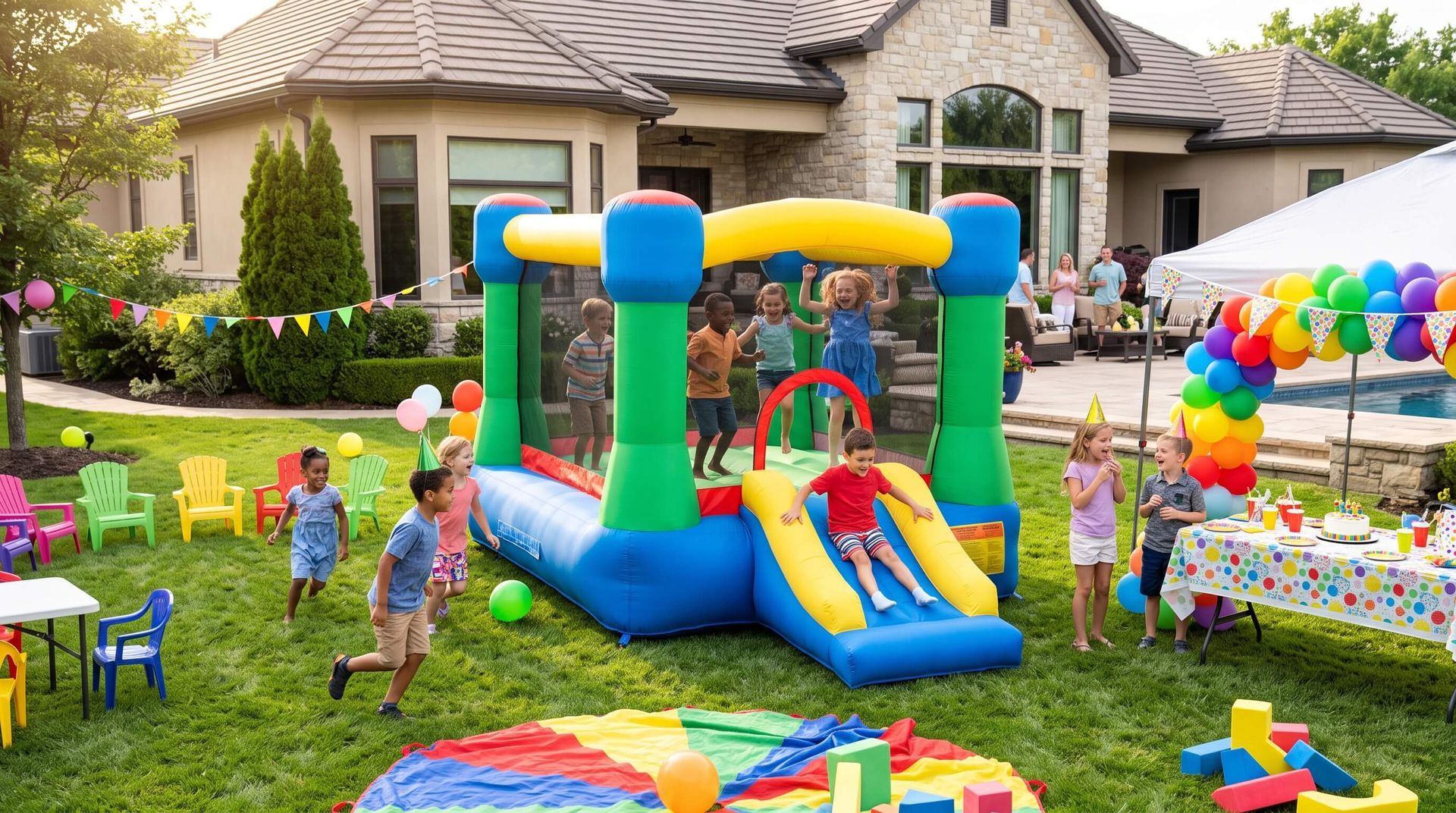 kids playing party games outside of a rented bounce house