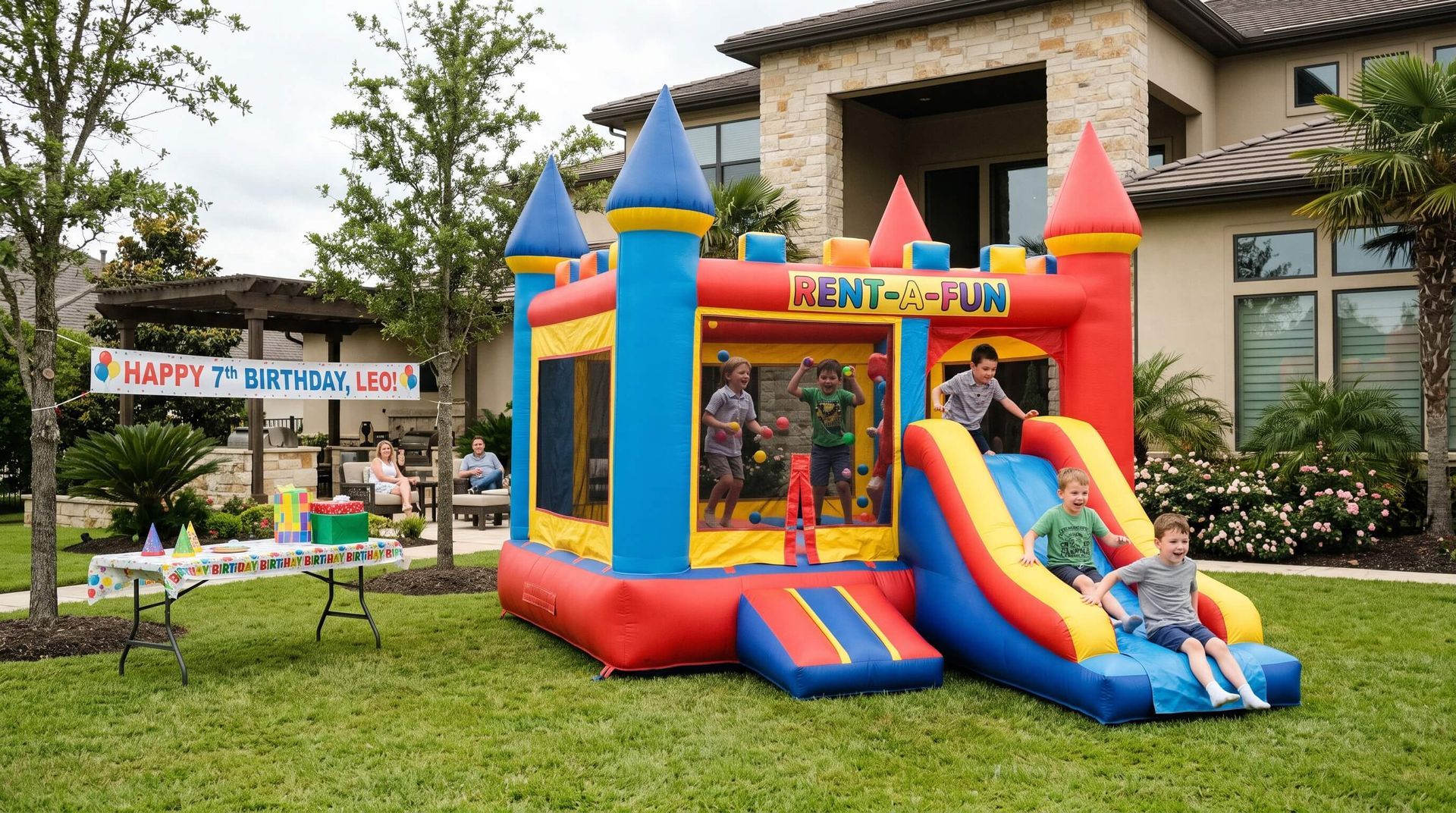 kids playing in a rented bounce house with party games waiting for them