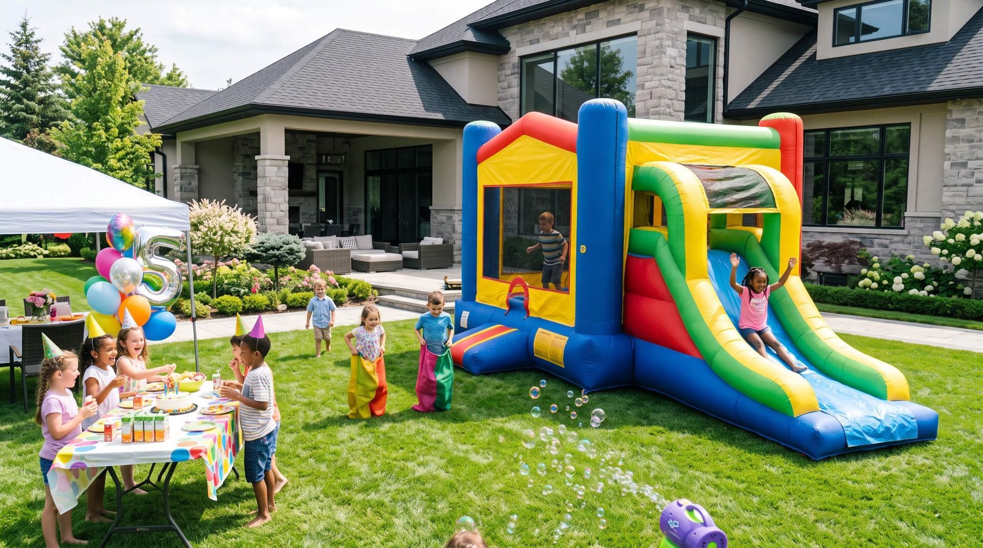 some kids are playing in the rented bounce house as other play rented party games