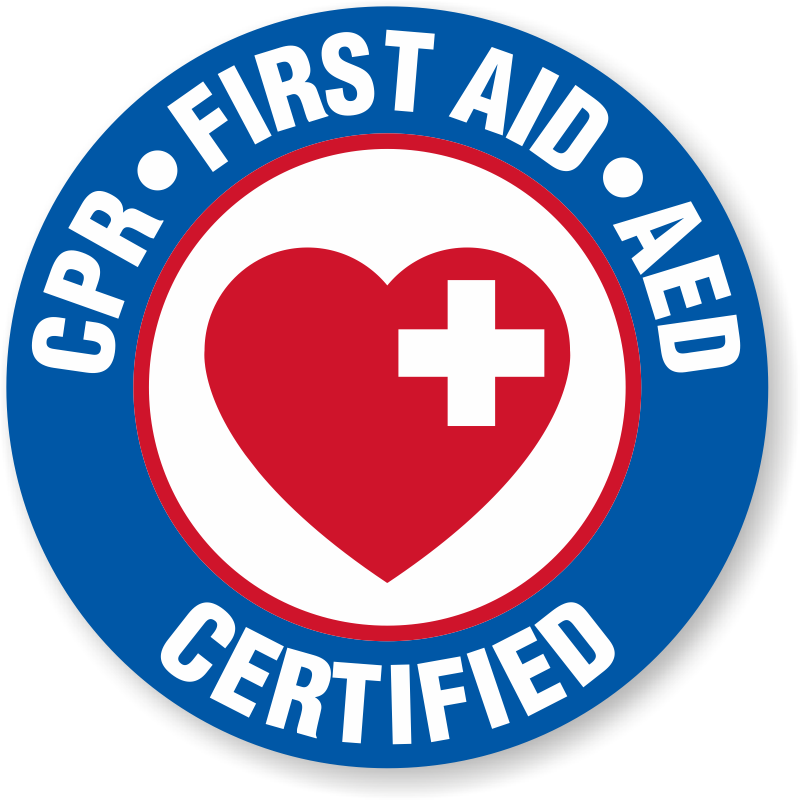 CPR, First Aid, and AED certified badge with a red heart and white cross.