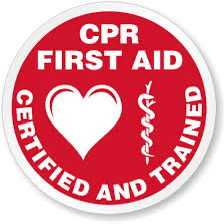 Red and white CPR and First Aid certified badge, with a heart and staff.