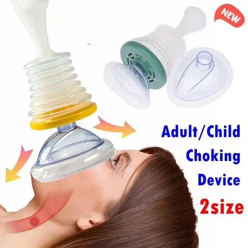 Choking device on a person's face. The device has a clear mask and white, ribbed pump. Text: 